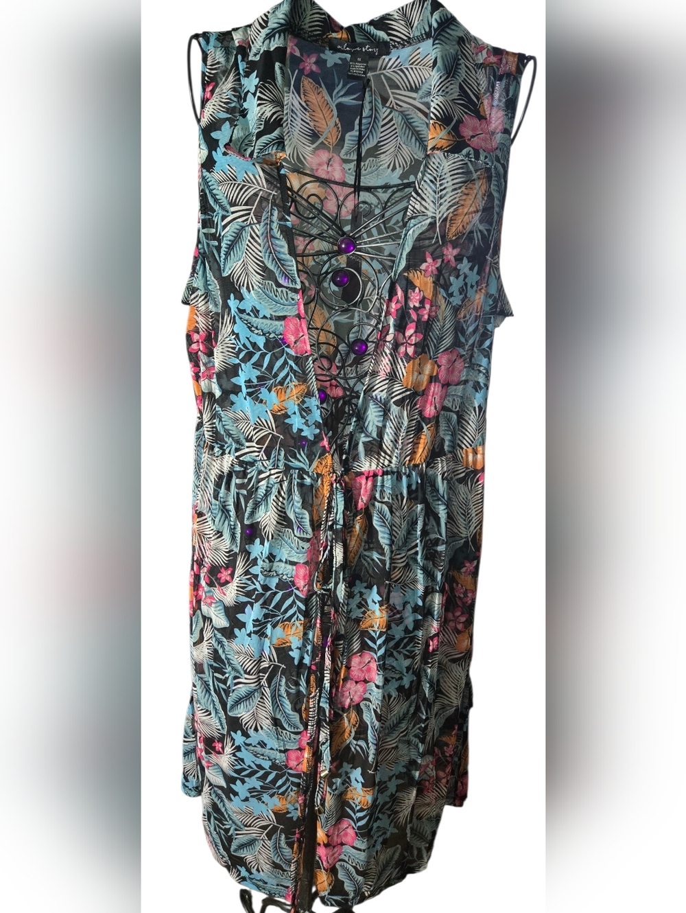 Sleeveless Tropical Leaf & Floral Swim Cover - Blue Multicolor Size 1X